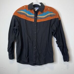 VTG Wrangler Long Sleeve‎ Women's Med Black Horse Graphics Faux Suede Western